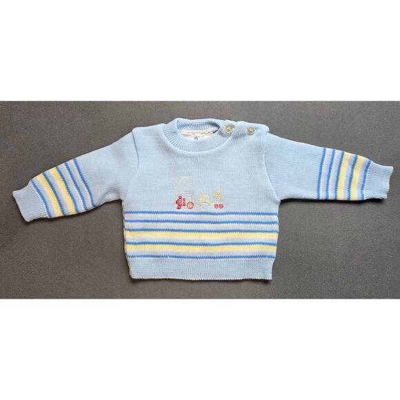 Vtg Cradleknit Boys Newborn- 3 Month Knit Sweater Baby Blue Train - Picture 1 of 6